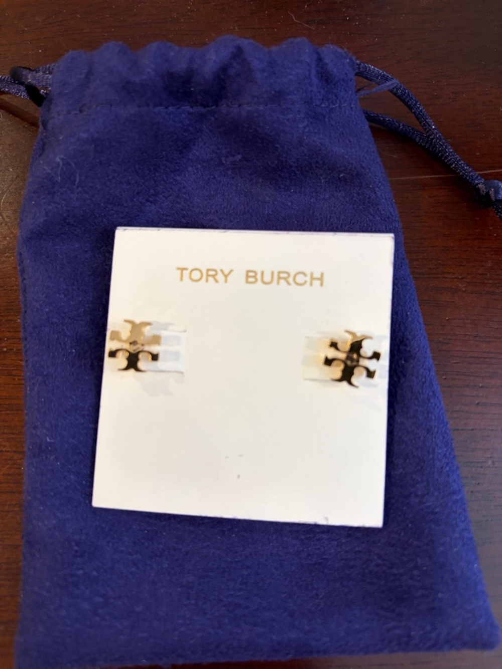 Tory Burch Gold Logo Stud Earrings with Navy Pouch